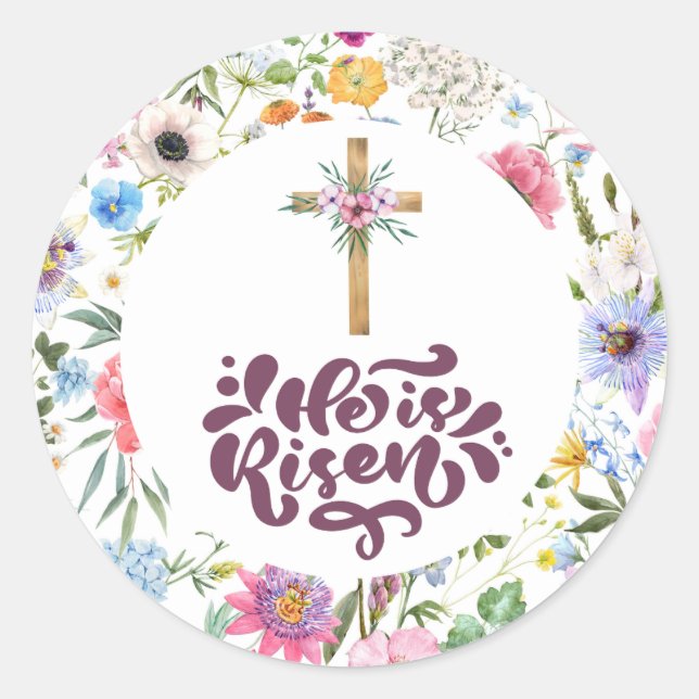 Pegatina Redonda Él es Risen | Pascua Floral | Religioso (Anverso)