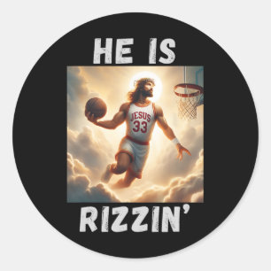 Pegatina Redonda Él Es Rizzin Gracioso Jesús Jugando Bóveda