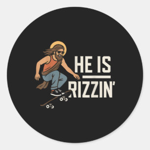 Pegatina Redonda Él es Rizzin Meme Skater Jesús, divertido cristian