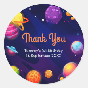 Pegatina Redonda El espacio solar planetario 1er cumpleaños Gracias