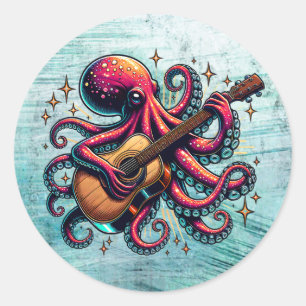 Pegatina Redonda El extraño Octopus Personalizado tocando la guitar