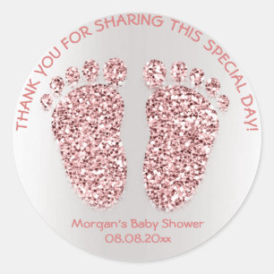 Pegatina Redonda El favor de Baby Shower de los pies del purpurina