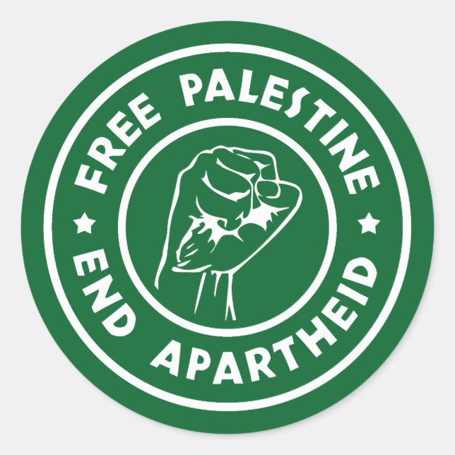 Pegatina Redonda El fin del Apartheid en Palestina Libre (Anverso)