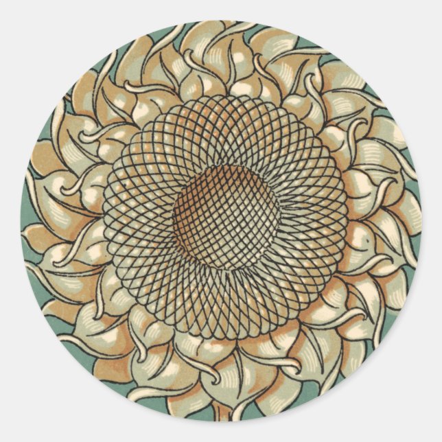 Pegatina Redonda El florecimiento del girasol en el fondo azul-verd (Anverso)
