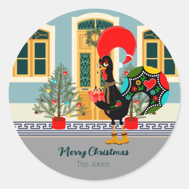 Pegatina Redonda El gallo portugués con un regalo de Navidad (Anverso)