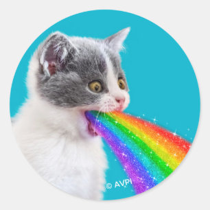 Pegatina Redonda El gatito escupe el arcoiris