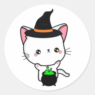 Pegatina Redonda El gato blanco gracioso es una bruja.