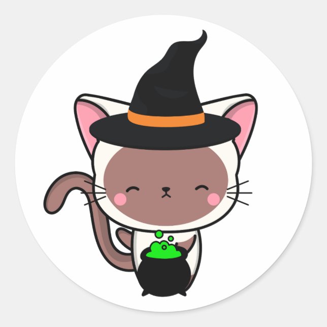 Pegatina Redonda El gato blanco gracioso es una bruja. (Anverso)