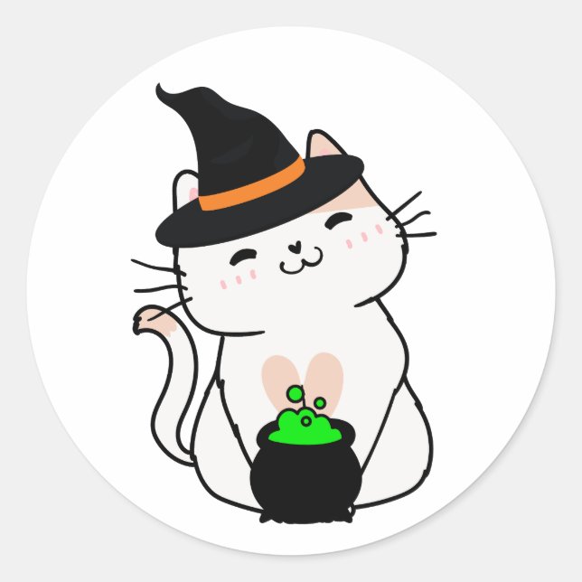Pegatina Redonda El gato blanco gracioso es una bruja. (Anverso)