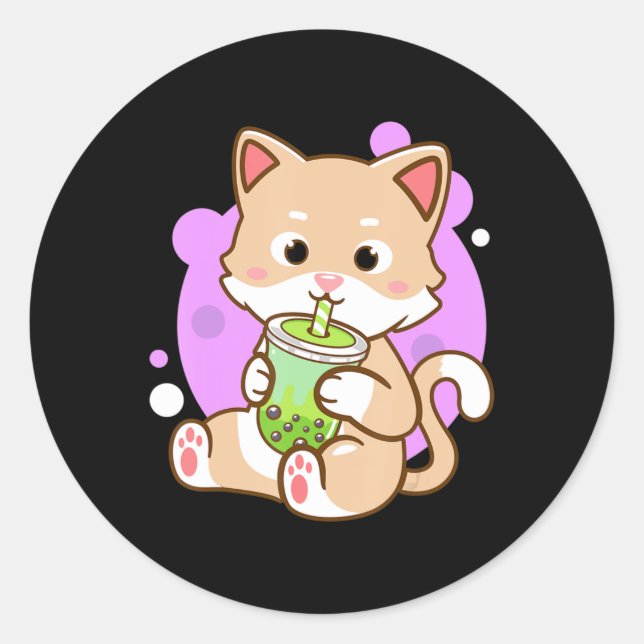 Pegatina Redonda El gato Boba Kawaii Bubble Tea Anime Neko Chicas T (Anverso)