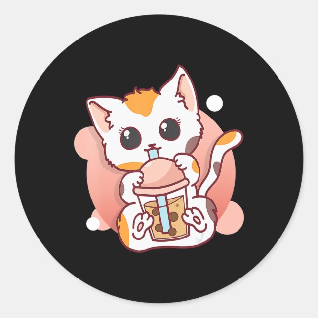Pegatina Redonda El gato Boba Tea Bubble Tea Kawaii Anime Neko para (Anverso)