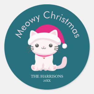 Pegatina Redonda El gato bonito Meowy Navidades Green