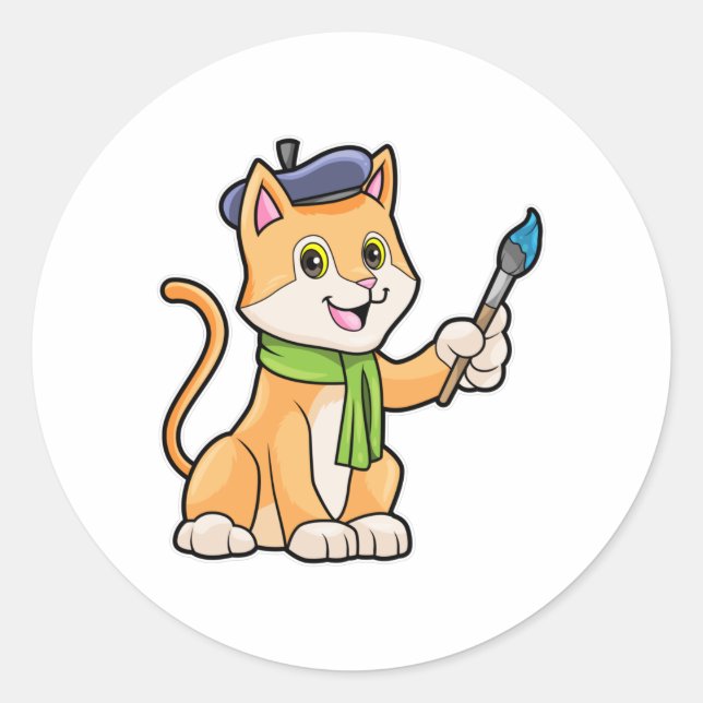 Pegatina Redonda El gato como pintador con pincel y bufanda (Anverso)
