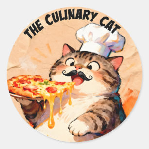 Pegatina Redonda El gato culinario con Chef Pizza Cat sosteniendo p