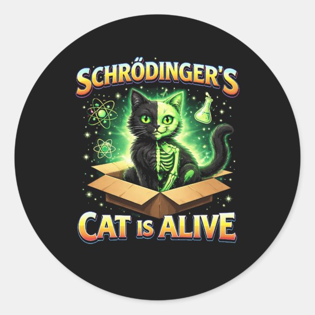 Pegatina Redonda El gato curioso de Schrödinger (Anverso)