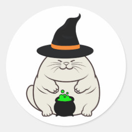 Pegatina Redonda El gato gordo gracioso es una bruja.