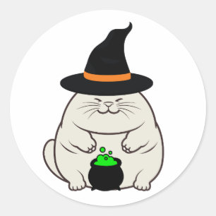 Pegatina Redonda El gato gordo gracioso es una bruja.