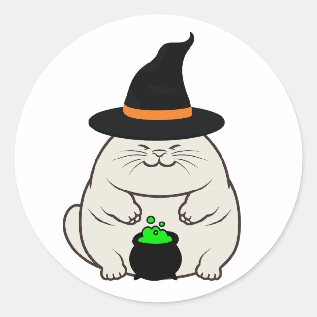 Pegatina Redonda El gato gordo gracioso es una bruja. (Anverso)