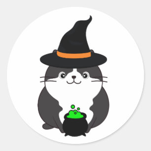 Pegatina Redonda El gato gordo gracioso es una bruja.