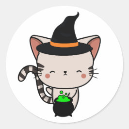 Pegatina Redonda El gato gracioso de Tabby es una bruja