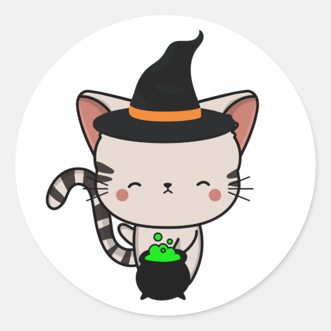 Pegatina Redonda El gato gracioso de Tabby es una bruja (Anverso)