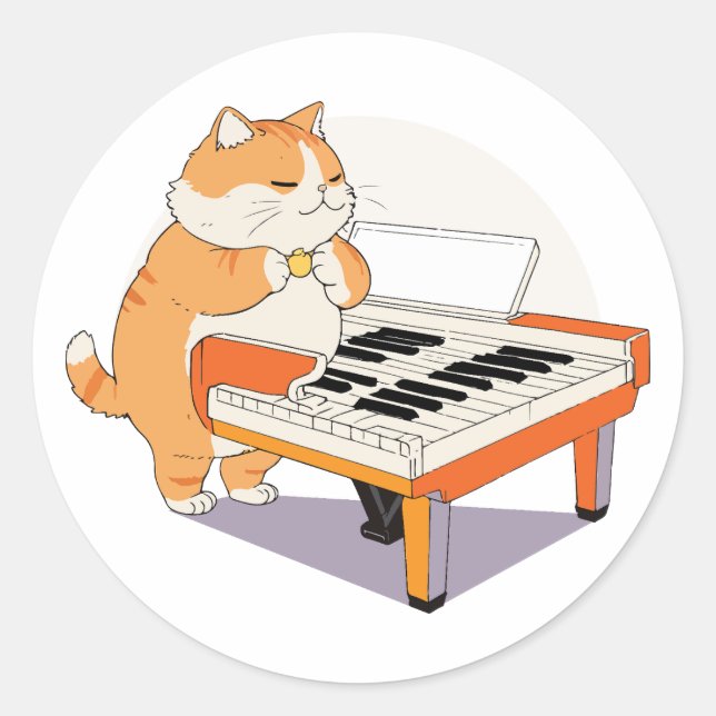 Pegatina Redonda El Gato Juega El Piano (Anverso)