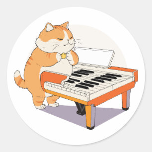 Pegatina Redonda El Gato Juega El Piano