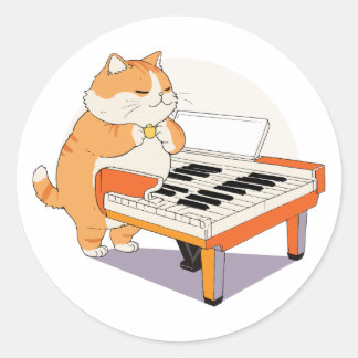 Pegatina Redonda El Gato Juega El Piano
