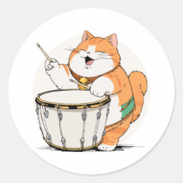 Pegatina Redonda El Gato Juega El Tambor