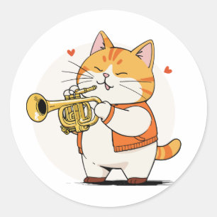Pegatina Redonda El Gato Juega La Trumpeta