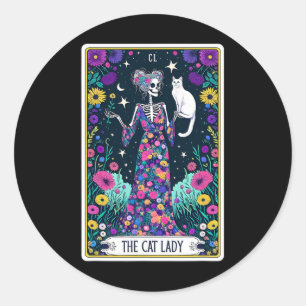 Pegatina Redonda El gato Lady Tarot Card Skeleton Día de la Madre C
