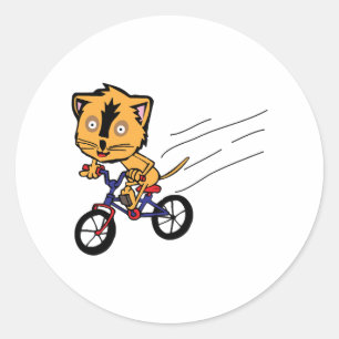 Pegatina Redonda El gato monta bicicleta