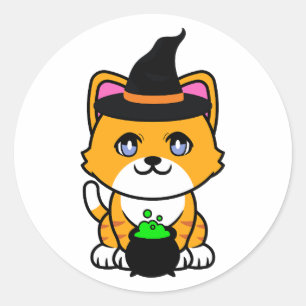 Pegatina Redonda El gato naranja gracioso es una bruja.