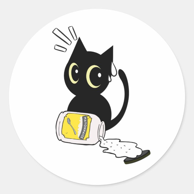 Pegatina Redonda El gato negro gracioso derramó mayonesa (Anverso)