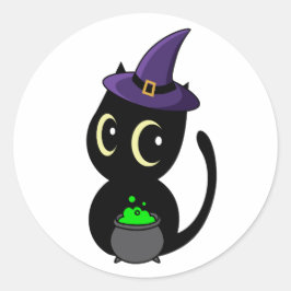 Pegatina Redonda El gato negro gracioso es una bruja
