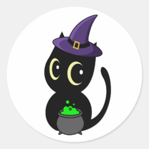 Pegatina Redonda El gato negro gracioso es una bruja