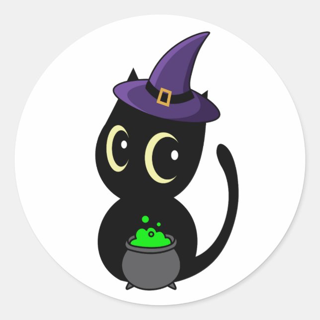 Pegatina Redonda El gato negro gracioso es una bruja (Anverso)