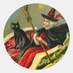 Pegatina Redonda El gato negro y la bruja de Halloween