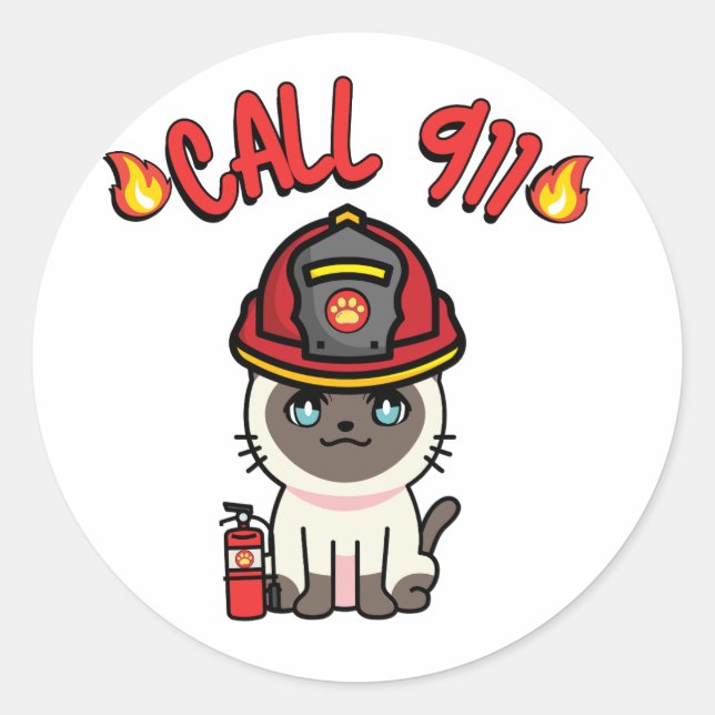 Pegatina Redonda El gato sonriente es un bombero (Anverso)