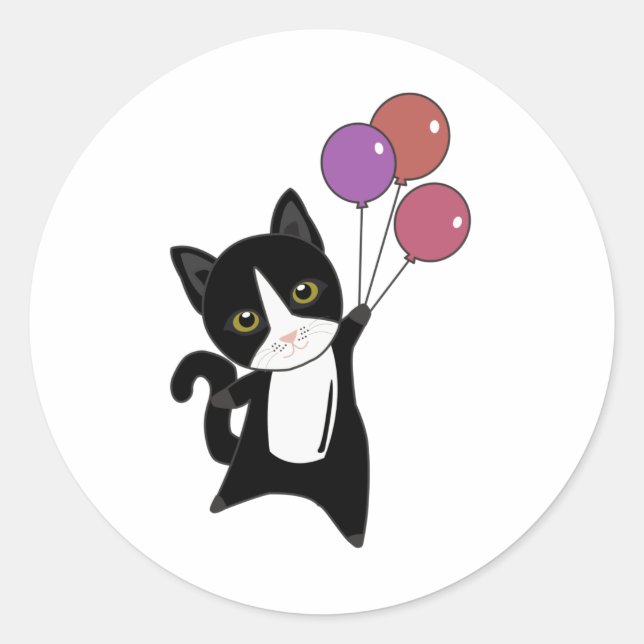 Pegatina Redonda El gato vuela con globos coloridos (Anverso)