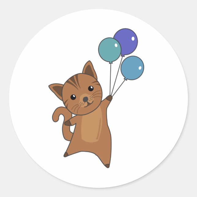 Pegatina Redonda El gato vuela con globos coloridos (Anverso)