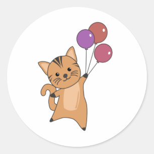 Pegatina Redonda El gato vuela con globos coloridos