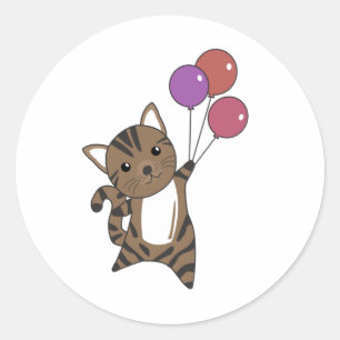 Pegatina Redonda El gato vuela con globos coloridos