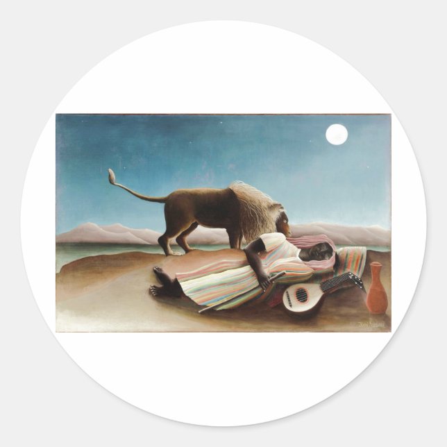 Pegatina Redonda "El gitano durmiente" de Rousseau (1897) (Anverso)
