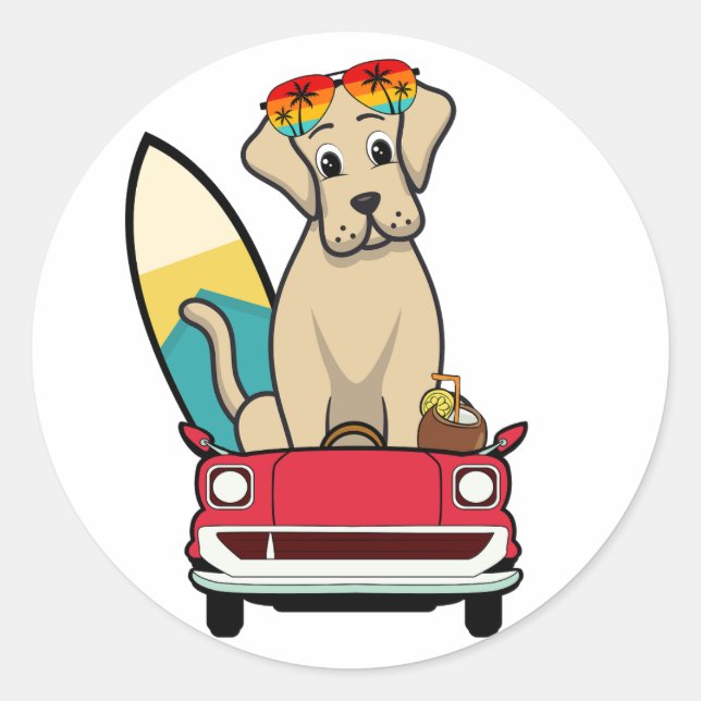 Pegatina Redonda El gracioso Big Dog está conduciendo a la playa (Anverso)