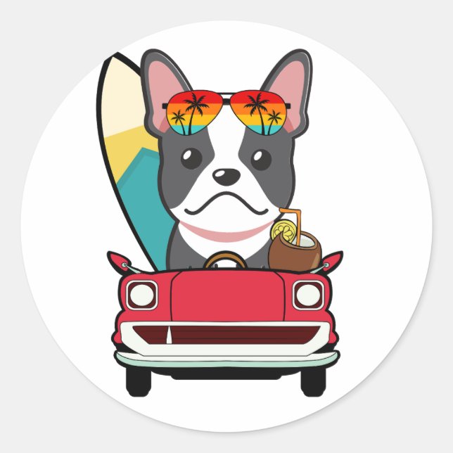 Pegatina Redonda El gracioso Bulldog francés conduce a la playa (Anverso)