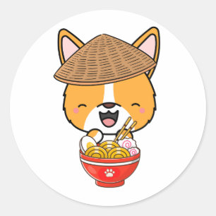 Pegatina Redonda El gracioso corgi come fideos