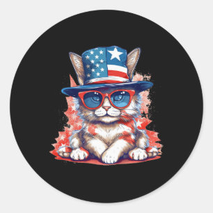Pegatina Redonda El Gracioso Gato Patriótico Bandera Estadounidense