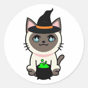 Pegatina Redonda El gracioso gato siamés es una bruja