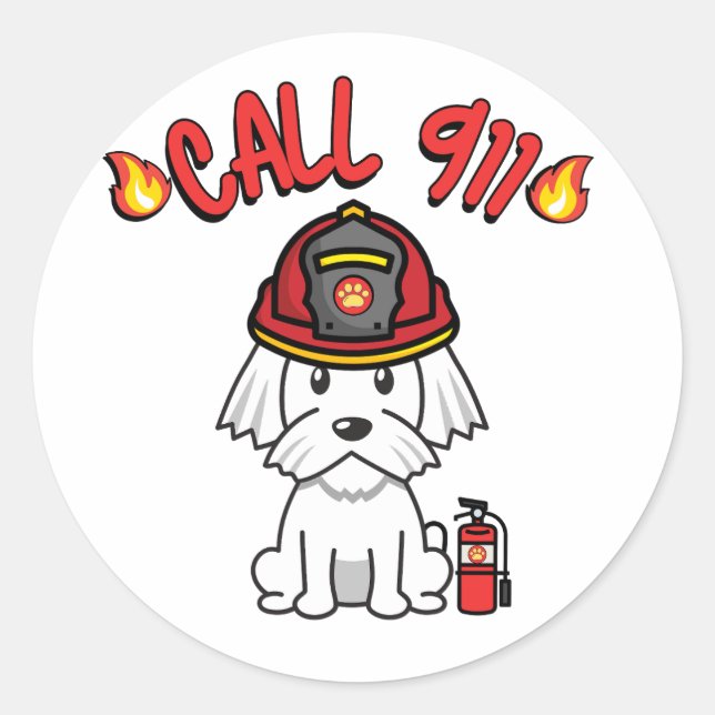 Pegatina Redonda El gracioso perro blanco es un bombero (Anverso)